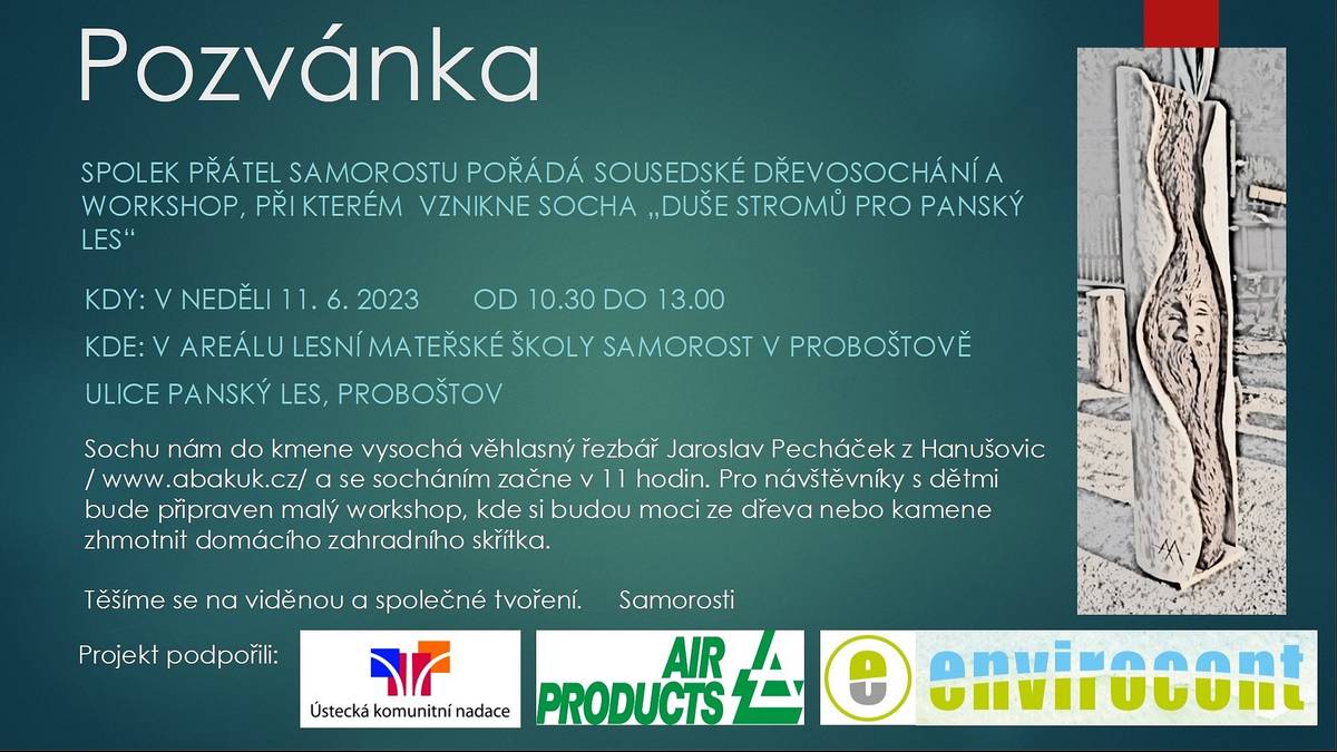 Zveme vás na Sousedské dřevosochání, při kterém vznikne socha pro Panský les. Akce se koná v Lesní školce Samorost v neděli 11. 6. od 10.30.