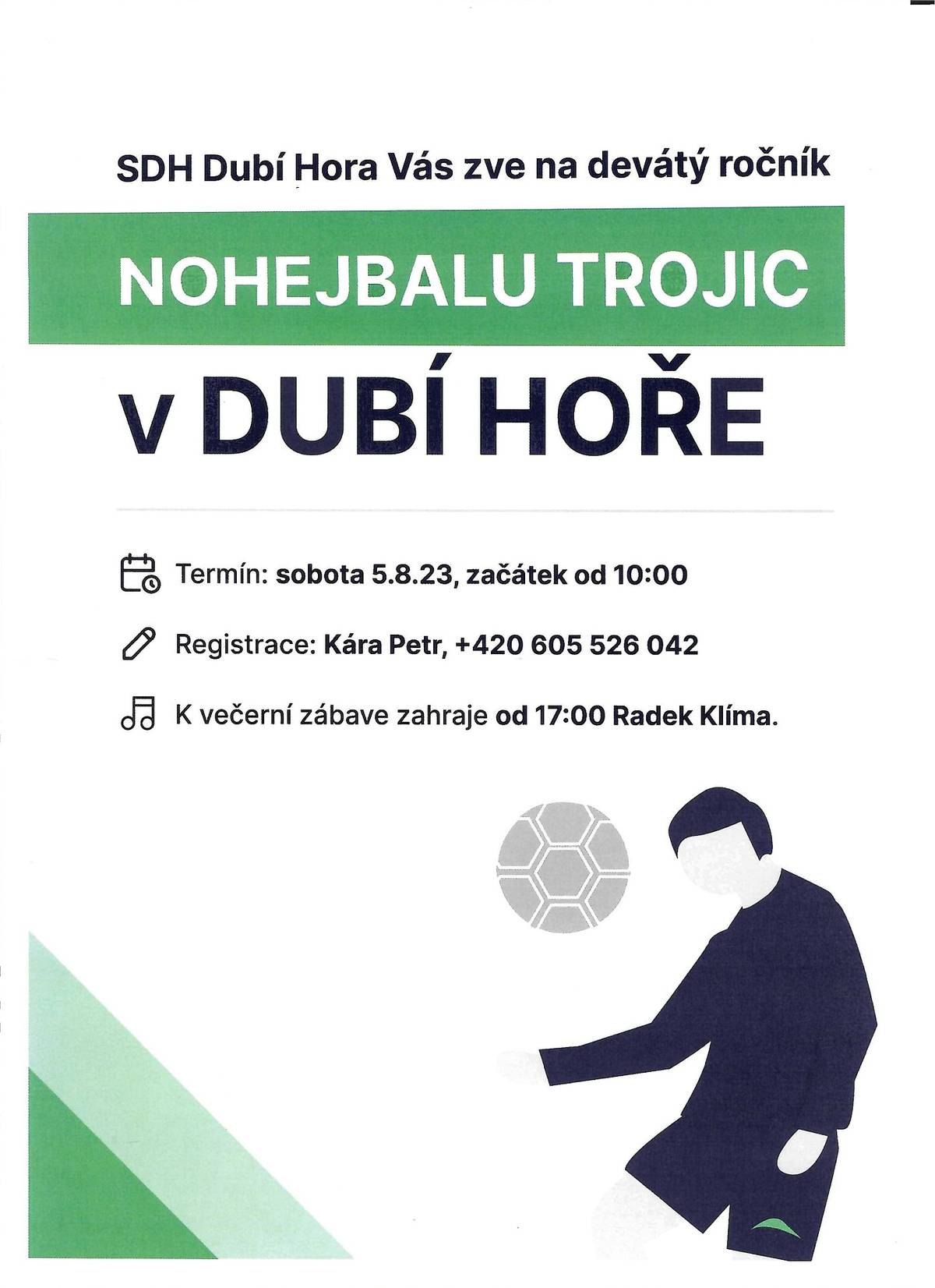 Dne 5.8. 2023 od 10:00 hodin pořádá SDH Dubí Hora nohejbalový turnaj trojic. Od 17:00 následuje večerní zábava.