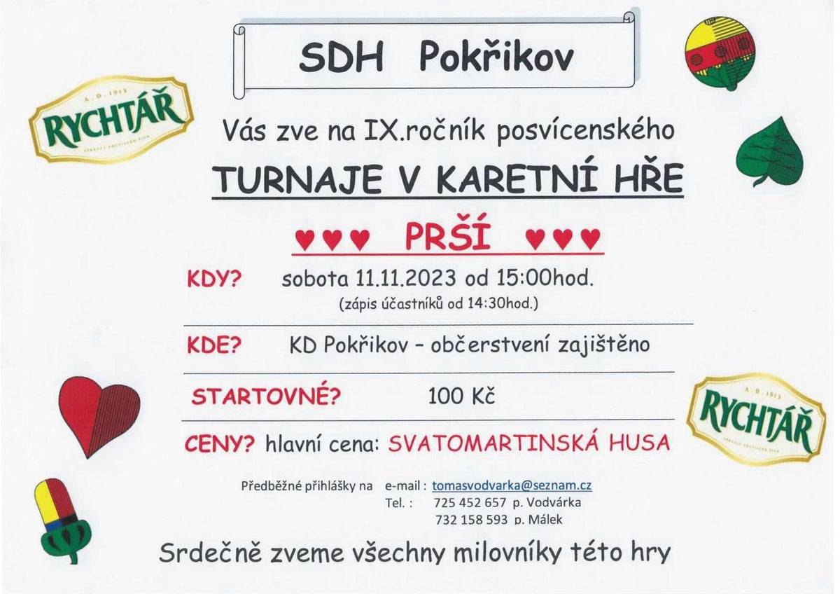 Turnaj v karetní hře "PRŠÍ" 11.11.2023 od 15:00 v KD Pokřikov