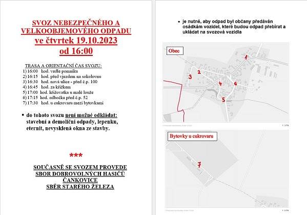 Vážení občané,

ve čtvrtek 19. října od 16 hod bude svoz velkoobjemového a nebezpečného odpadu. V obvyklé trase, viz. obrázek. Žádáme občany, aby na sběrných místech a v trase svozu neparkovali své automobily.

Děkujeme za spolupráci.
H. Shejbalová