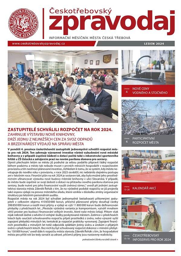 Lednový zpravodaj vám přináší zprávu k rozpočtu města na rok 2024, výzvu pro přihlášení projektů do třetího ročníku participativního rozpočtu (do 8. ledna), nové ceny vodného a stočného a další informace.
- Uprostřed novin najdete Českotřebovský infoservis pro rok 2024. Můžete jej z tištěné verze opatrně vytrhnout a uložit, až budete hledat kontakt na nějakou organizaci či sociální službu. Nebo si stáhnout samostatný soubor a uložit do svého zařízení.
- Českotřebovský kalendář akcí je v tomto vydání na stranách 13, 14 a 19, 20.
- Od únorového vydání Českotřebovského zpravodaje platí nová cena za otištění vzpomínek na zesnulé. Vyřizuje Pohřební služba Eko Bi s. r. o.