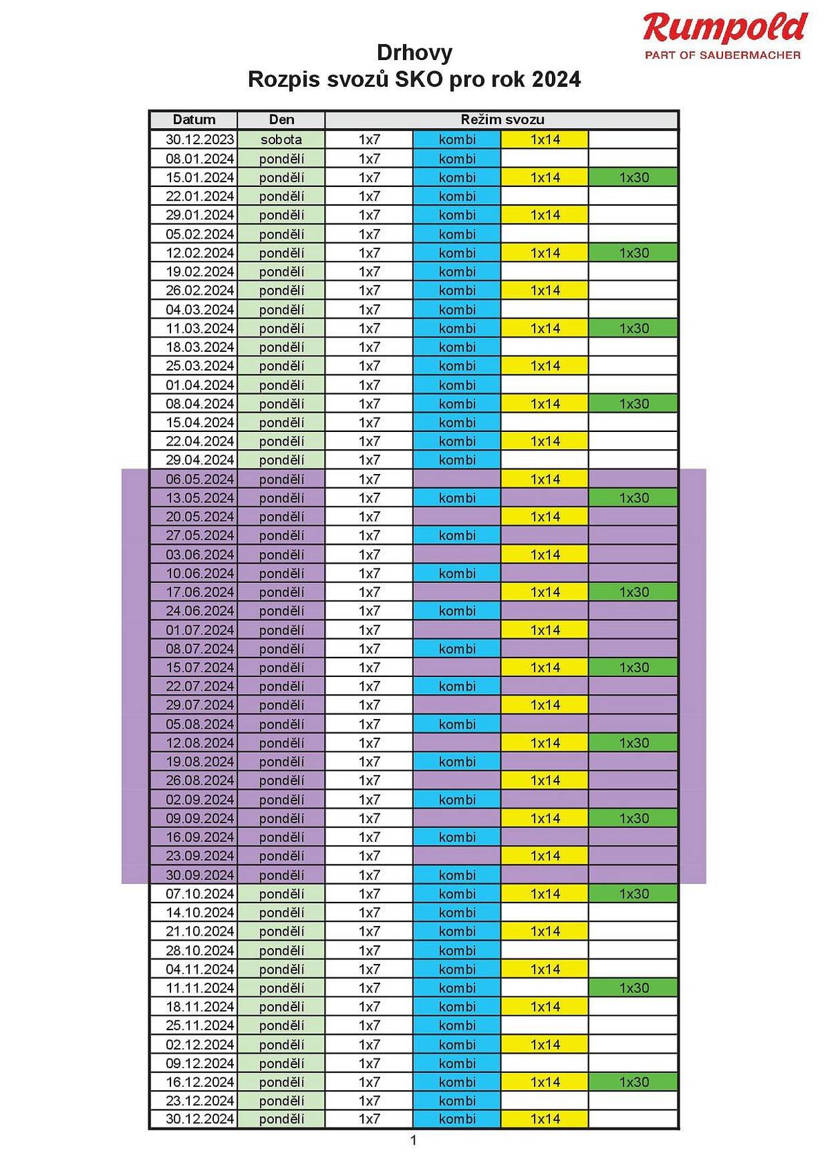 Upozorňujeme na mimořádný svozový den, kterým bude sobota 30.12.2023 ( místo pondělí 1.1.2024)
Zároveň přikládáme rozpis svozu SKO pro rok 2024.