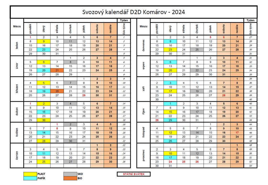 Svozový kalendář pro svoz odpadů v obci Komárov na rok 2024

Svoz BIO odpadu bude doplněn během prvního čtvrtletí roku 2024. Občané včas obdrží nový svozový kalendář..