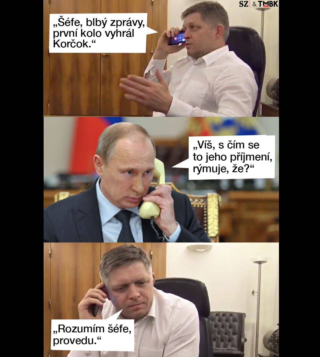 První kolo prezidentských voleb vyhrál Korčok s náskokem, který nikdo nepředpokládal. Pellegriniho to musí trochu děsit, o to víc jeho „pohlavára“ Fica, který se musí zodpovídat Kremlu. Koláž TMBK pro Seznam Zprávy.