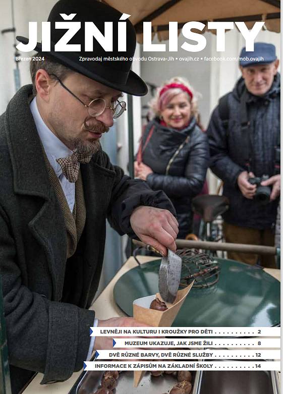 Nové – březnové – vydání zpravodaje Jižní listy bude v těchto dnech distribuováno do schránek obyvatel obvodu Ostrava-Jih. Co všechno v něm tentokrát najdete? Vybíráme z obsahu:
 
✅ Jih přivítá jaro pořádným úklidem a výsadbou záhonů.
✔ Velký průvodce základních škol (nejen) pro všechny rodiče budoucích prvňáčků.
✅ Návrat do minulosti aneb nové bytové muzeum v Jubilejní kolonii  zaznamenává obrovský zájem.
✔ Participativní rozpočet běží podle plánu. Podělte se o tipy na zlepšení veřejného prostranství.
✅ Přehled výhod, slev a příspěvků, které vám nabízí Kultura Jih i Městský obvod Ostrava-Jih.
 
A ještě naše prosba na závěr: Pokud bydlíte na Jihu a nové vydání k vám do 7. března nedorazí, dejte nám vědět na redakční e-mail: 𝗷𝗶𝘇𝗻𝗶.𝗹𝗶𝘀𝘁𝘆@𝗼𝘃𝗮𝗷𝗶𝗵.𝗰𝘇, ať můžeme u distributora zajistit nápravu. Děkujeme.
Všechny elektronické verze letošních Jižních listů najdete zde: https://ovajih.ostrava.cz/cs/o-jihu/jizni-listy/rocnik-2024 anebo zde: https://www.munipolis.cz/chytry-zpravodaj