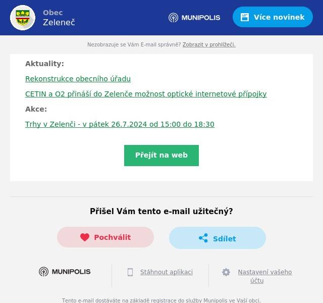 Aktuality:
Rekonstrukce obecního úřadu
CETIN a O2 přináší do Zelenče možnost optické internetové přípojky
Akce:
Trhy v Zelenči - v pátek 26.7.2024 od 15:00 do 18:30