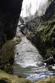 Punkevní jeskyně - pohled ze dna propasti Macocha. Až do roku 1914 se v okolních obcích provozovalo zvláštní řemeslo - vynašeč sebevrahů z Macochy. Propast je hluboká 187,5 metru.