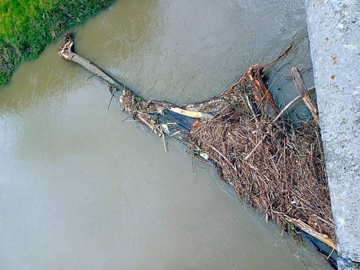 V rámci cvičení SDH odstraňuje zachycené naplaveniny od mostních pilířů.