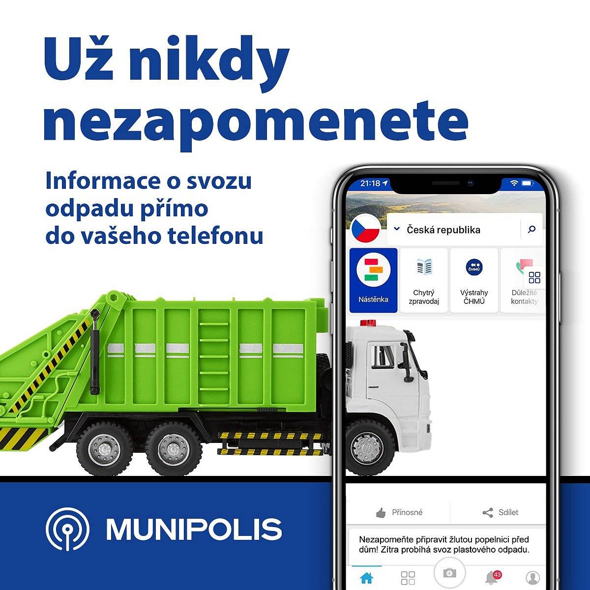 Zítra probíhá svoz bioodpadu.
Toto upozornění je součástí nové služby města Židlochovice. Vždy den před plánovaným svozem odpadu vám pošleme zprávu, kterou popelnici je třeba vyvézt před dům, takže na to sami už nikdy nezapomenete.
 Pokud tato upozornění nechcete dostávat, odhlaste se v nastavení vašeho profilu MUNIPOLIS ze skupiny „Upozornění na svozy odpadu“ nebo nám napište a uděláme to za vás.