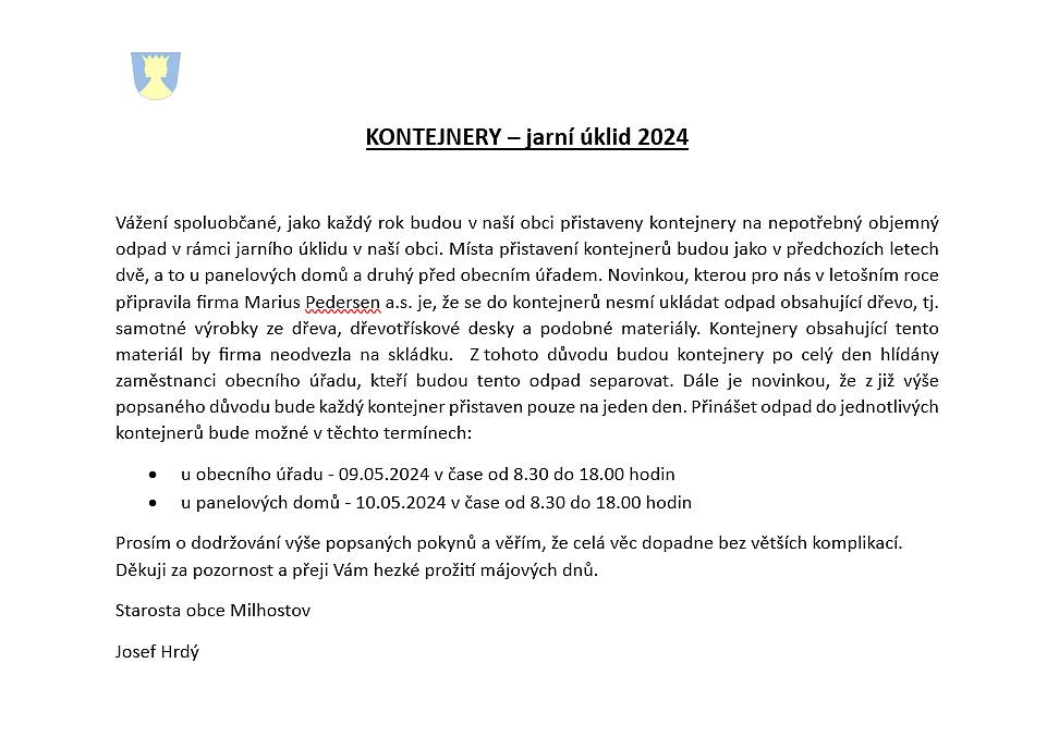 Upozornění na přistavení kontejneru v obci Milhostov - jarní úklid 2024.