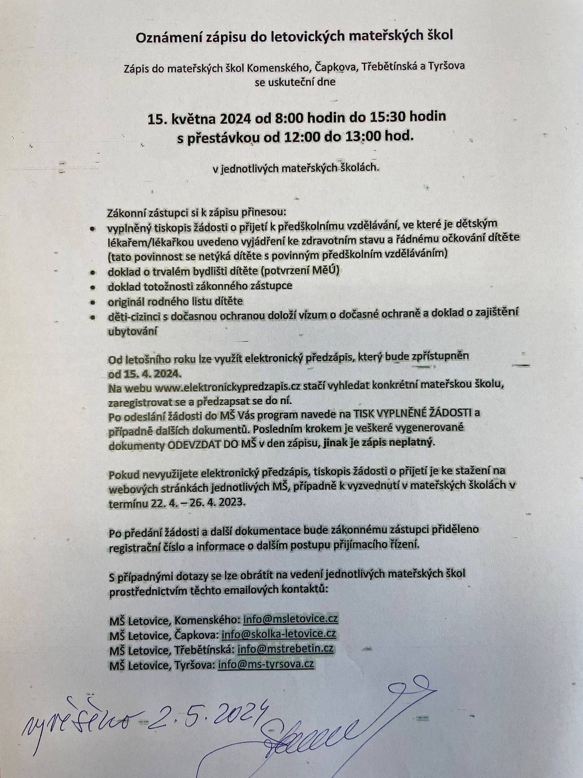 Zápis dětí do MŠ Letovice 15.5.2024