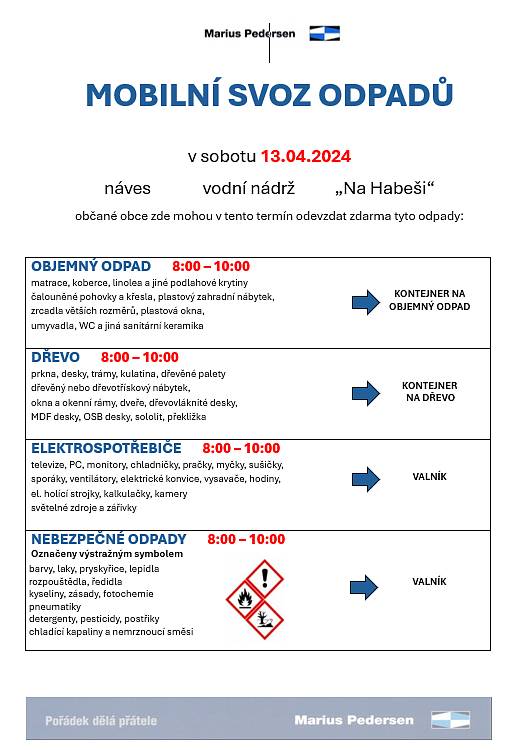Vážení spoluobčané.
V sobotu 13. dubna proběhne sběr velkobjemového a nebezpečného odpadu. Začátek sběru je v 8 hodin na prvním stanovišti u autobusové čekárny. Dále bude kontejner popojíždět na další stanoviště Na Habeši a u hřiště.
Jako každý rok , žádáme občany , aby svůj odpad neshromažďovali na stanovištích den předem. Zvláště pak na stanovišti u zastávky.
Prosíme o prostudování přílohy této zpravy s podrobným popisem kam jaký odpad patří.