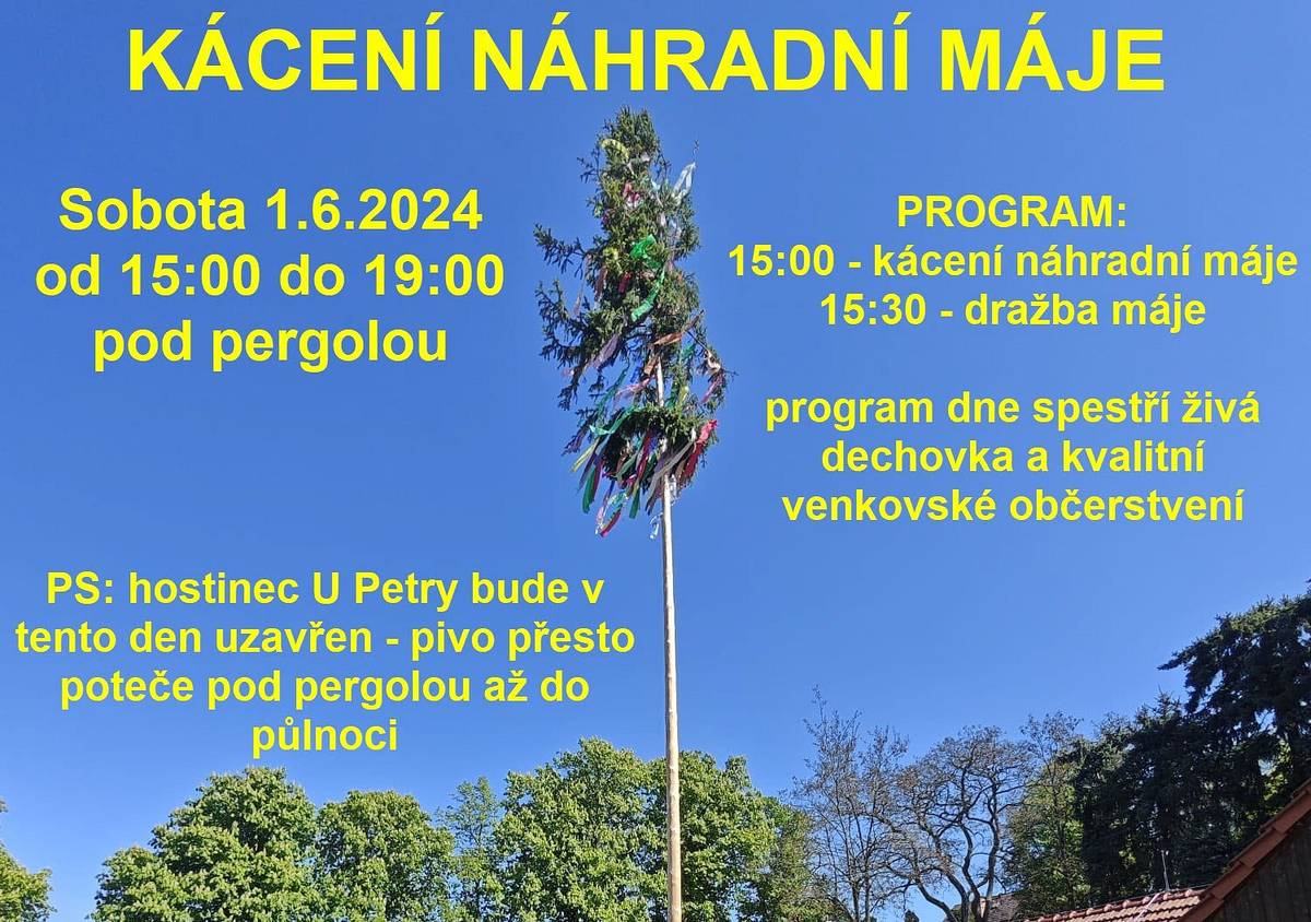 Obec Chotěšov zve všechny své občany na akci "Kácení náhradní máje", která se bude konat tuto sobotu 1.6.2024 od 15:00 do 19:00 hod pod pergolou u kostela. Během celé akce bude hrát živá dechovka a pro všechny zúčastněné bude připraveno kvalitní venkovské občerstvení. 
PS: hostinec U Petry bude v tento den uzavřen - pivo přesto poteče pod pergolou až do půlnoci😱.
PPS: dle posledních informací se naše májka bohužel stala obětí vandalismu (rozřezána na topení), jehož aktéři se schovávají za tradicemi máje😢.