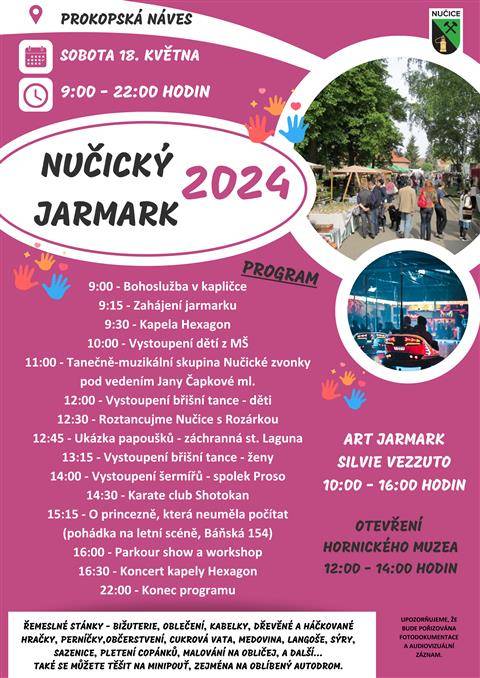V sobotu dne 18. května se bude konat již tradiční Nučický Jarmark. Bohatý program, šermířský spolek Proso s doprovodným programem, papoušci ze záchranné stanice Laguna, Art Jarmark se Silvií Vezzuto a stánky různého druhu můžete vidět až do 17 hodin. V průběhu dne vás bude provázet kapela Hexagon a po programu se můžete těšit na její koncert až do 22 hodin.