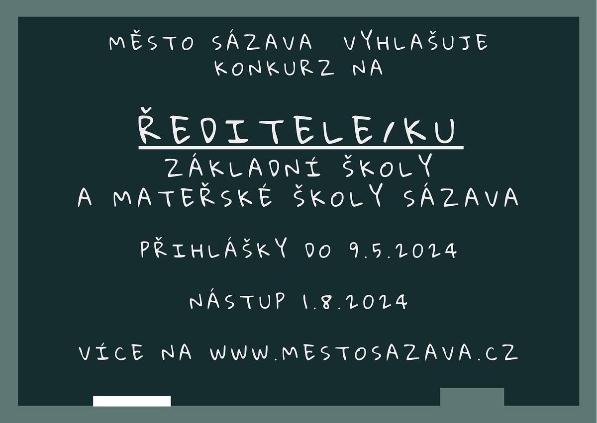 Město Sázava vyhlašuje konkurz na ředitele/ku Zakladní a mateřské školy Sázava.
Více informací na webu města: Vyhlášení konkurzu