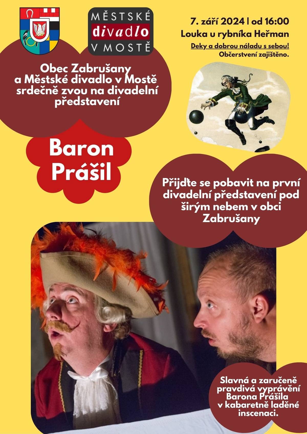 Srdečně vás zveme na divadelní představení "Baron Prášil" pod širým nebem, které se uskuteční v sobotu 7.9.2024 od 16:00 na louce u rybníka Heřman.
