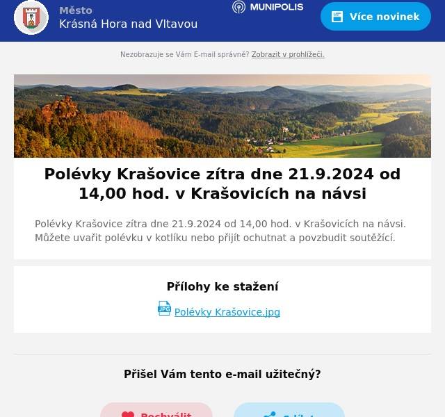 Polévky Krašovice zítra dne 21.9.2024 od 14,00 hod. v Krašovicích na návsi. Můžete uvařit polévku v kotlíku nebo přijít ochutnat a povzbudit soutěžící.