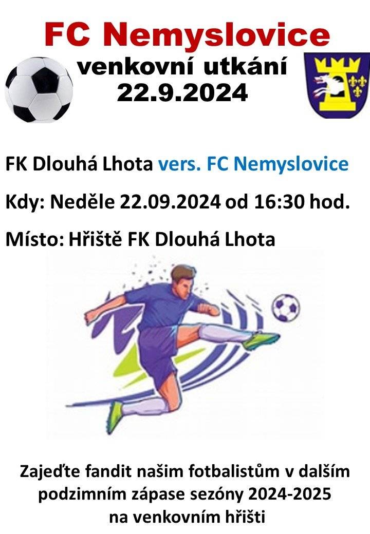 V neděli dne 22.9.2024 sehrají hráči FC Nemyslovice od 16:30 hod. další zápas tentokráte na hřišti FK Dlouhá Lhota.
