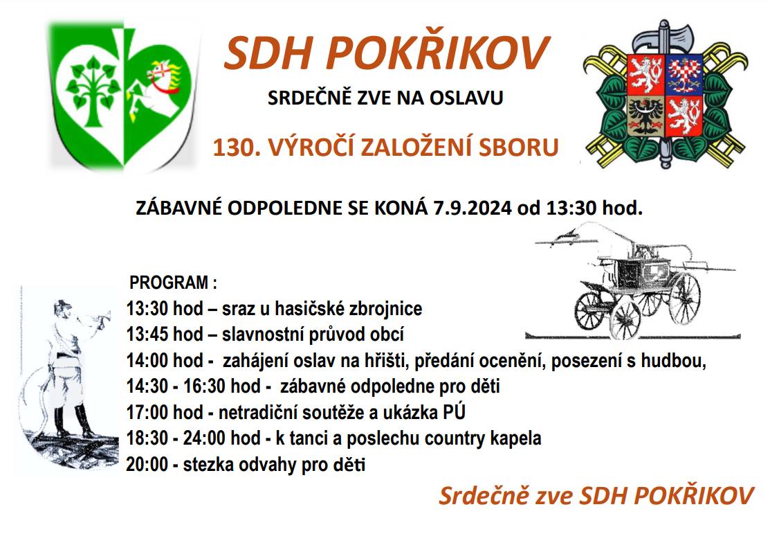 SDH Pokřikov zve na oslavu 130 výročí založení sboru, které se bude konat 7.září od 13:30 hodi
