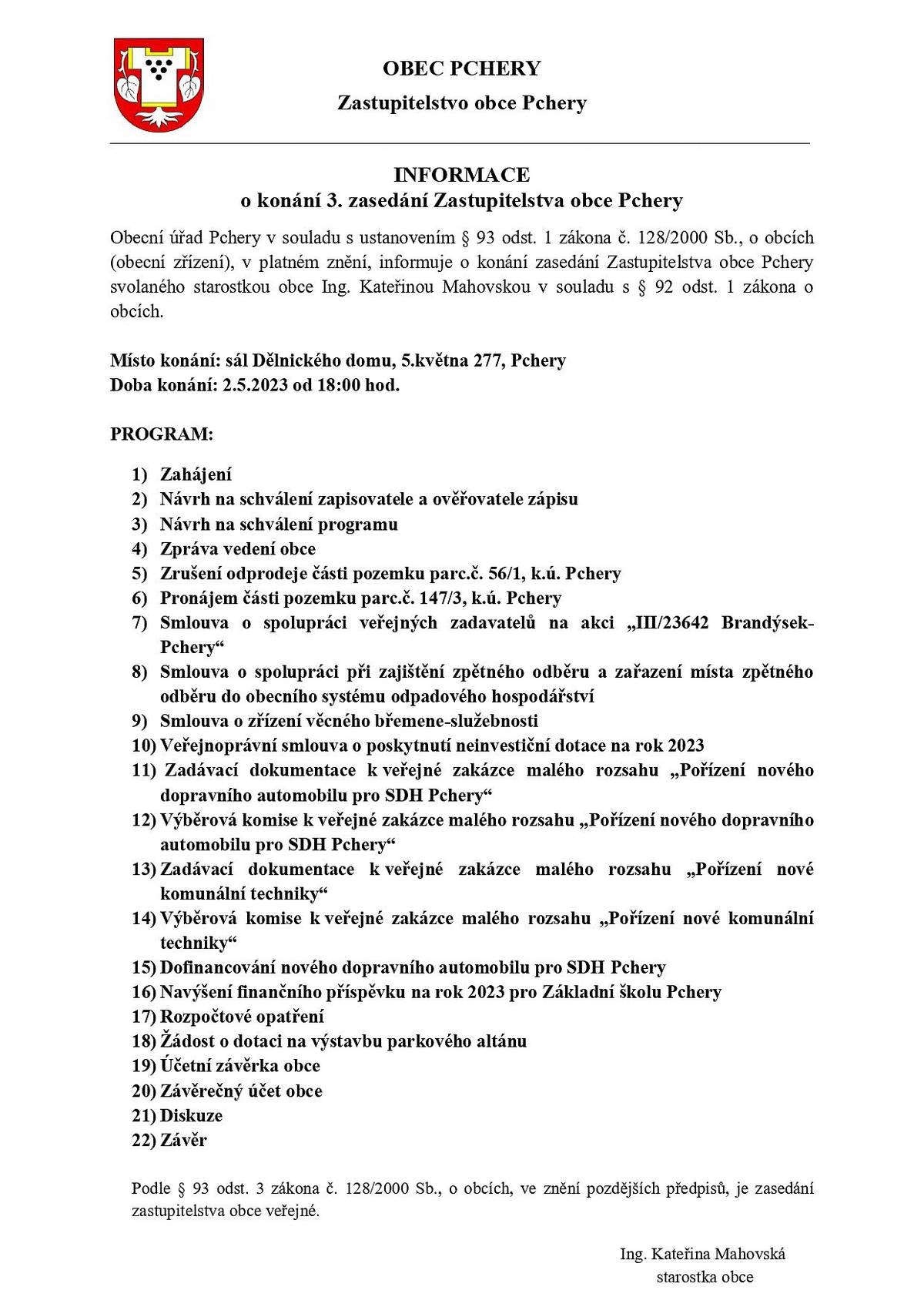 Informace o konání zasedání zastupitelstva - 2.5.2023