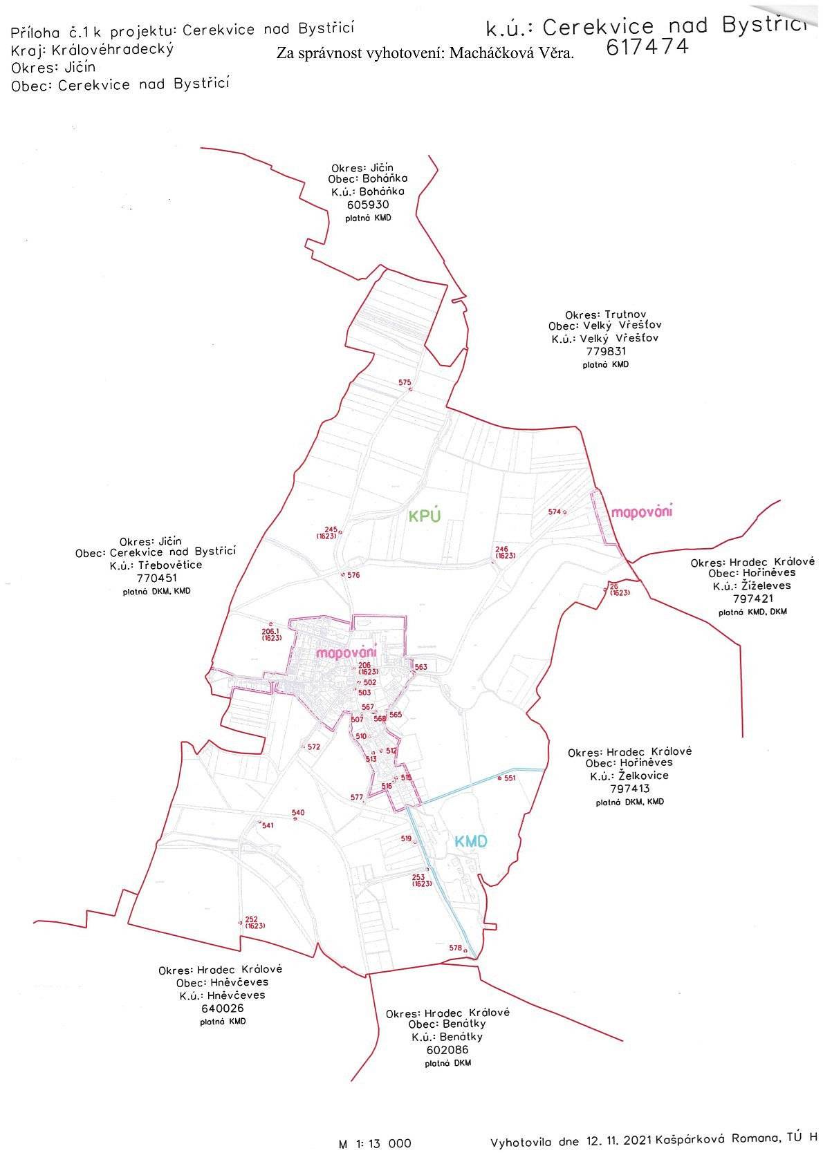 Oznamujeme vlastníkům nemovitostí v Cerekvici nad Bystřicí, že Katastrální úřad pro Královéhradecký kraj, Katastrální pracoviště Jičín připravuje od 20. října 2023 nové měření katastrální mapy v zastavěné části k.ú. Cerekvice nad Bystřicí a Čenice. 
Ředitel Katastrálního pracoviště Jičín na úvodním jednání, určeném pouze pro vlastníky nemovitostí v Cerekvici nad Bystřicí a Čenicích, které se koná v pondělí dne 9. 10. 2023 od 18:00 hodin v budově 2. stupně základní školy v Cerekvici nad Bystřicí, představí předsedkyni komise, prezentaci a zodpoví obecné dotazy týkající se zjišťování průběhu hranic.