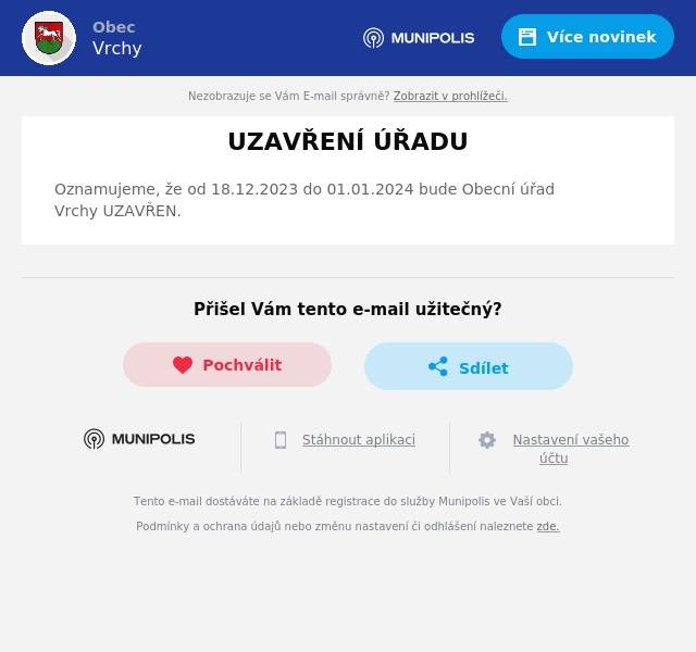 Oznamujeme, že od 18.12.2023 do 01.01.2024 bude Obecní úřad Vrchy UZAVŘEN.