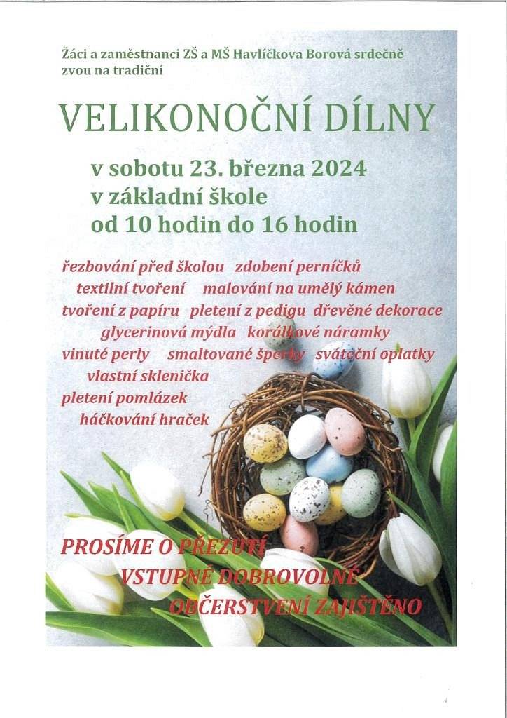 Přijměte pozvání na velikonoční dílny, které se konají dnes, v sobotu 23. 3. mezi 10 a 16 hodinou v budově ZŠ. Přezůvky s sebou.