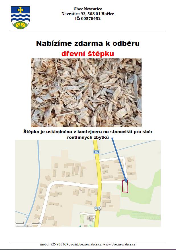 Našim občanům nabízíme zdarma k odběru dřevní štěpku.
Štěpka je uskladněna v kontejneru na stanovišti pro sběr rostlinných zbytků.