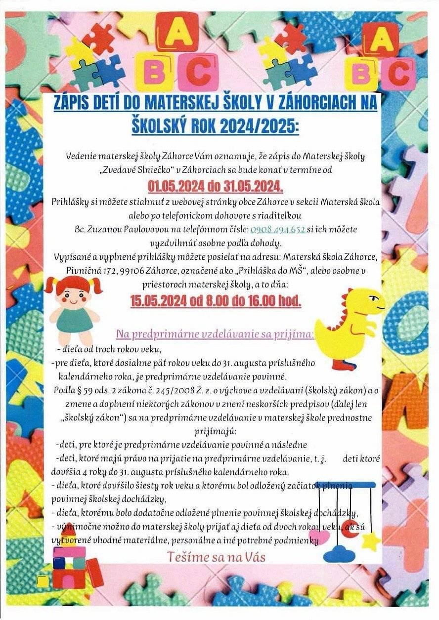 V máji sa uskutoční zápis detí do materskej školy na školký rok 2024/2025.