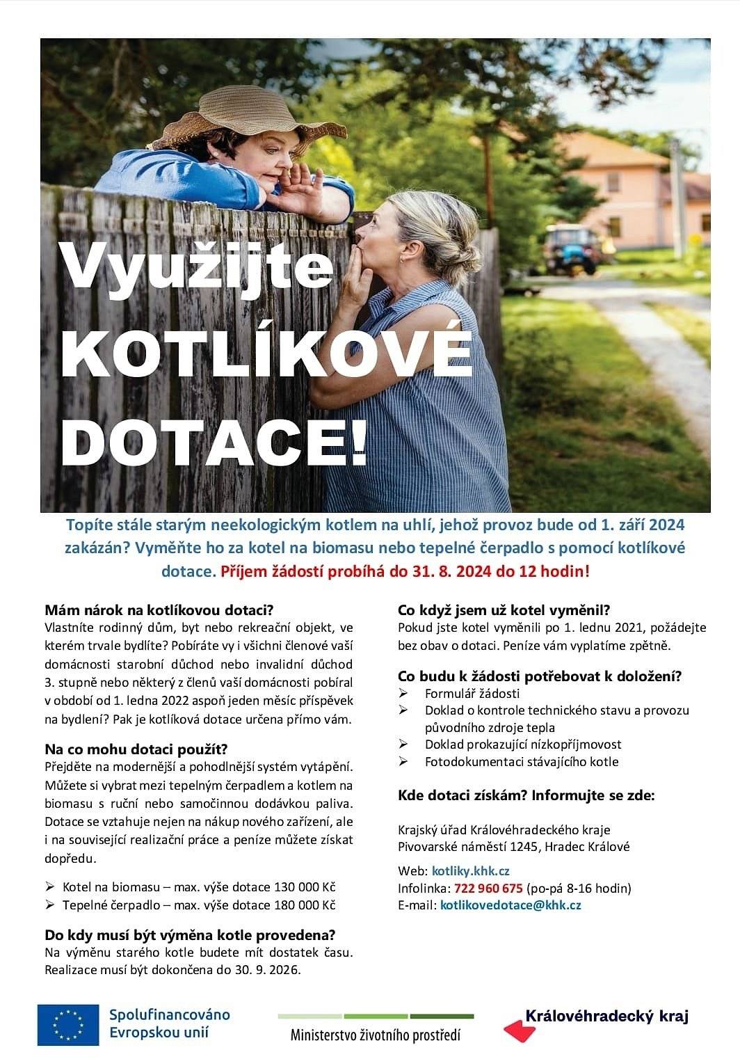 Využijte poslední možnost získat kotlíkové dotace. Žádost o kotlíkovou dotaci je možné podávat do 31.8.2024. Více informací naleznete v příloze.