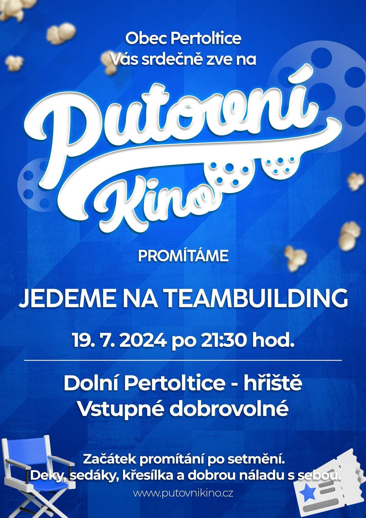 Dnes 19.07.2024 po 21:30 hodině proběhne promítání letního kina na hřišti v Pertolticích. Občerstvení otevřeno.