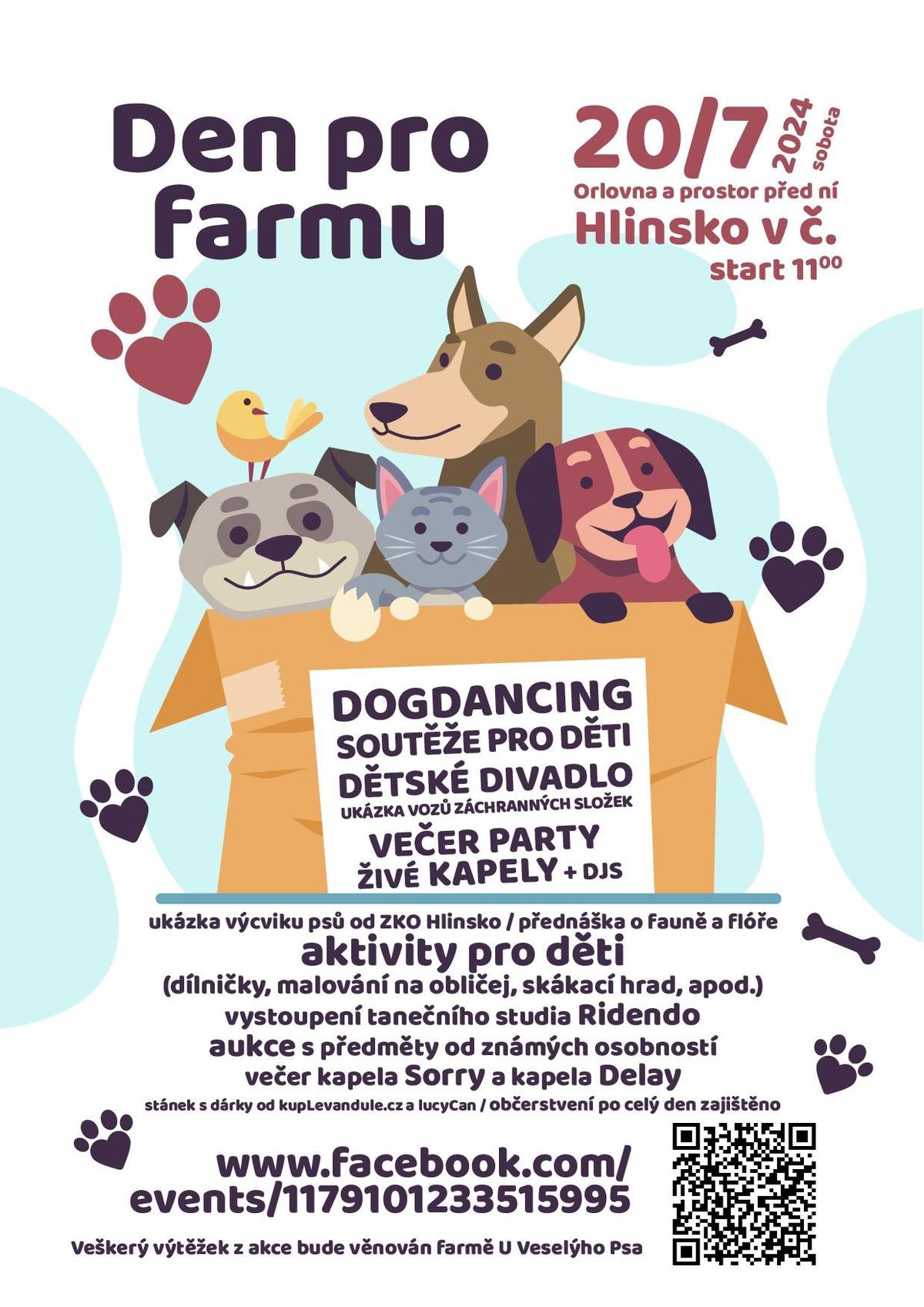 LETNÍ KINO – PARKOVIŠTĚ U MULTIFUNKČNÍHO CENTRA
 
Úterý 16. července od 21.30 h
 
Gump – jsme dvojka
86 minut, dobrodružný rodinný film ČR, mládeži přístupno, vstupné 120 Kč
Gumpova nová filmová cesta začne přesně tam, kde ta předchozí skončila. Se svým milovaným Béďou Kozím Bobkem projdou příběhem, který už jim dávno předtím napsaly hvězdy. Film pro všechny, kteří dokážou číst ze psích očí, ale i pro ty, kteří to zatím neumějí anebo nevěří, že je to možné. Režie: F. A. Brabec. Hrají: Bolek Polívka, Richard Krajčo, Vica Kerekes, Štěpán Kozub, Martina Pártlová a jiní.
 
Čtvrtek 18. července od 21.30 h
 
Sladký život
102 minut, komedie ČR, mládeži do 12 let nevhodné, vstupné 120 Kč
Mistr světa v hokeji, který miluje krásné ženy a rychlá auta, musí projít nečekanou životní zkouškou, aby nezklamal své nové přátele a rodinu, o jejíž existenci neměl tušení. Režie: Tomáš Hoffman. Hrají: Vladimír Polívka, Petra Hřebíčková, Jan Cina, Alžběta Dolečková, Jenovéfa Boková, Vojtěch Kotek a jiní.
 
 
ORLOVNA A PROSTOR PŘED ORLOVNOU 
 
Sobota 20. července od 11 h
 
Den pro farmu
Dogdancing, soutěže pro děti, ukázka výcviku psů od ZKO Hlinsko, přednáška o fauně a flóře, dětské divadlo, vystoupení taneční studia Ridendo, aukce s předměty od známých osobností. Večer kapela Sorry a kapela Delay.
Charitativní akce, veškerý výtěžek z akce bude věnován farmě U Veselýho psa.
 
 
MUZEUM V PŘÍRODĚ VYSOČINA – VESELÝ KOPEC
 
Veselý Kopec patří dětem a jejich rodičům – doprovodný program
Pestrý program workshopů, dílniček a komentovaných prohlídek, který návštěvníkům každou středu a čtvrtek od června do srpna zpestří návštěvu Veselého Kopce.
V prodejně upomínkových předmětů lze navíc získat herní plány, podle nichž můžete samostatně procházet mezi roubenými chaloupkami, hledat odpovědi na otázky, které vás dovedou k rozluštění tajenky a získání malé odměny.
 
Středa 17. a čtvrtek 18. července * Jak se dříve stavělo
Víte, co je to vepřovice, poříz nebo řezanka? A víte, z jakého materiálu je šindel a došek? Vyzkoušejte si v našem workshopu třeba výrobu nepálených cihel.
Dřevo, kámen, klína, selský rozum, šikovné ruce – a můžeme začít stavět. Poznejte, jak staří mistři (tesaři, šindeláři, doškaři) dovedně využívali materiál, který jim poskytovala okolní příroda, i to, jak s jednoduchými pomůckami dokázali postavit funkční a přitom krásné stavení.
 
Úterý 16. července od 13 do 14.30 h
 
Len na Veselém Kopci
Komentovaná prohlídka okruhu Len na Veselém Kopci seznámí zájemce s historií a současností pěstování a zpracování lnu na Českomoravské vrchovině, která byla po staletí významnou lnářskou a plátenickou oblastí. Projděte s námi složitou cestu lnu od vysetí semínka až po utkání lněné tkaniny.
Komentovaná prohlídka okruhu Len na Veselém Kopci ve společnosti tkalce Josefa Fidlera coby průvodce.
 
do 31. října
 
Půlstoletí s vámi
Výstava ve statku z Mokré Lhoty přibližující padesátiletou historii muzea.
 
 
do 31. října
 
Příběhy z depozitáře
Výstava ve statku z Mokré Lhoty představí sbírkové předměty se zajímavým příběhem
 
 
MUZEUM V PŘÍRODĚ VYSOČINA – BETLÉM
 
Úterý 16. července
 
Korále z klokočí
Začátky edukačního programu: 10 h, 11.30 h, 13 h, 14.30 h
Na programu se s tímto pozapomenutým a tajuplným materiálem seznámíte a dozvíte se o něm různé zajímavosti. Prohlédnete si předměty ze sbírek nejen našeho muzea. Součástí programu je také dílna, kde si z klokočí můžete vyrobit originální náramek, náušnice, přívěsek nebo desátkový růženec.
Nutná rezervace předem na e-mailu sona.pelclovamvp.cz.
 
Čtvrtek 18. července 
 
Loutkohrátky na Betlémě
Přijďte si vyrobit vlastní loutku z papíru nebo si z