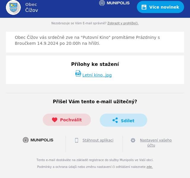 Obec Čížov vás srdečně zve na "Putovní Kino" promítáme Prázdniny s Broučkem 14.9.2024 po 20:00h na hřišti.