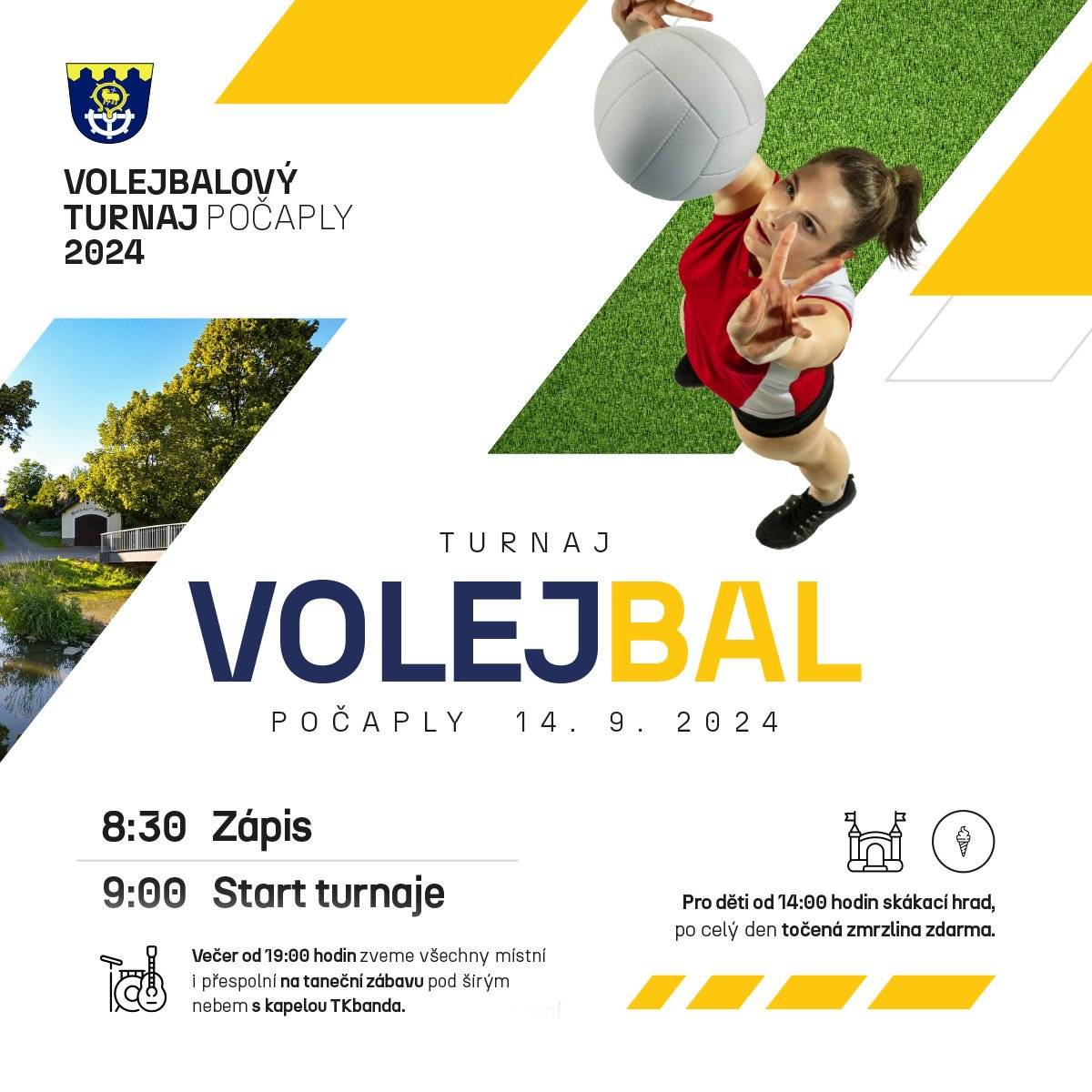 Dorazte v sobotu 14.9.2024 fandit na volejbalový turnaj! Přes den bude točená zmrzlina zdarma, odpoledne v čase 14-17 hodin bude pro děti nachystaný skákací hrad. A večer od 19:00 hodin si přijďte zazpívat a zatančit na zábavu s kapelou Tkbanda! Těšíme se na vás!