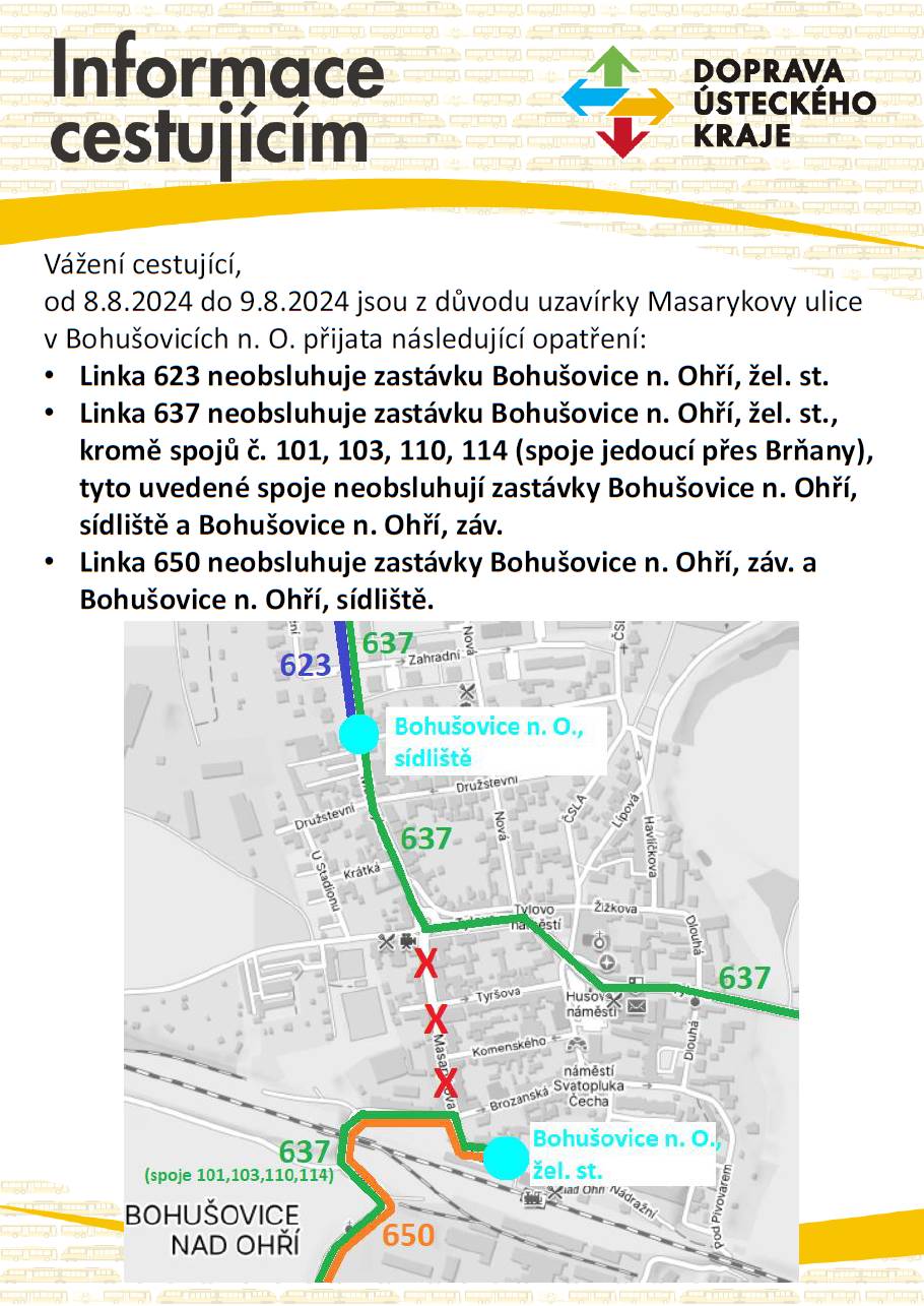 Z důvodu výluky jsou přijata následující opatření:

    Linka 623 neobsluhuje zastávku Bohušovice n. Ohří, žel. st.
    Linka 637 neobsluhuje zastávku Bohušovice n. Ohří, žel. st., kromě spojů č. 101, 103, 110, 114 (spoje jedoucí přes Brňany), tyto uvedené spoje neobsluhují zastávky Bohušovice n. Ohří, sídliště a Bohušovice n. Ohří, záv.
    Linka 650 neobsluhuje zastávky Bohušovice n. Ohří, záv. a Bohušovice n. Ohří, sídliště.