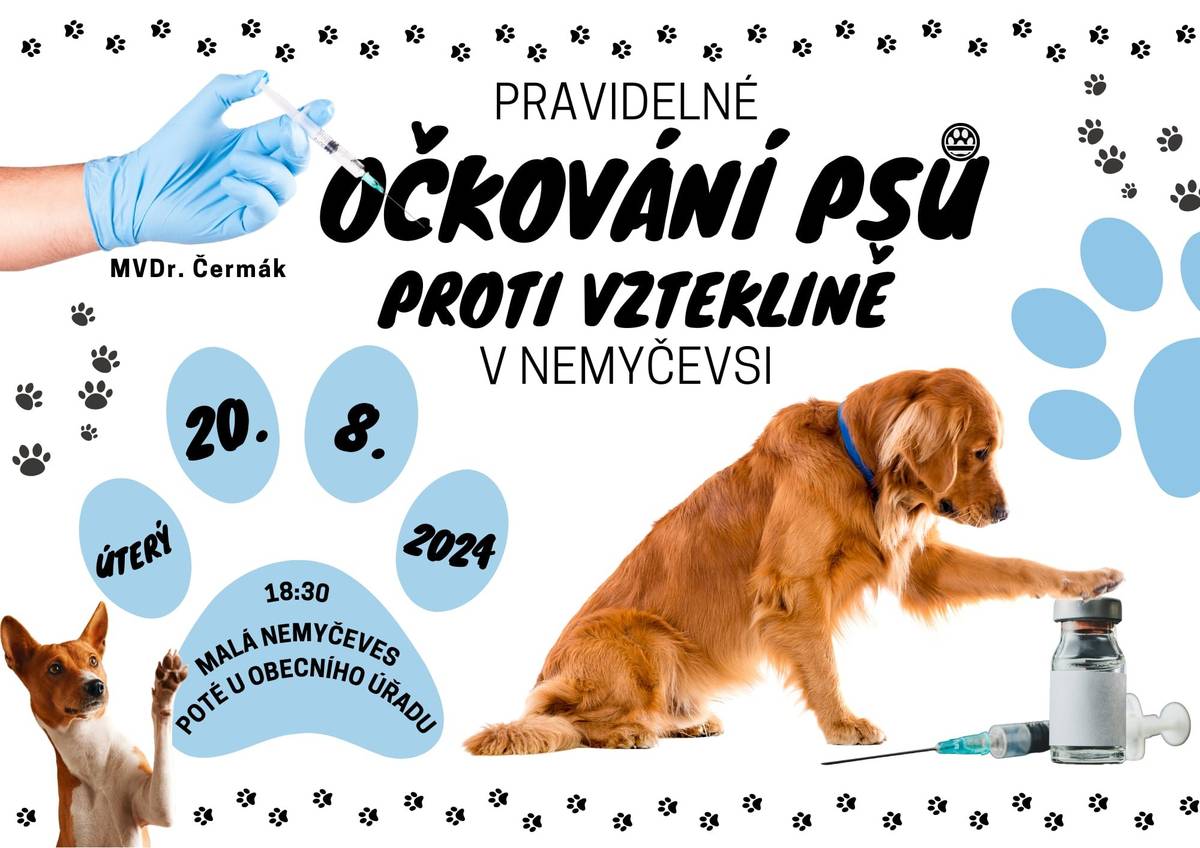 V úterý 20. srpna se v naší obci opět uskuteční očkování psů proti vzteklině - podrobnosti v příloze.