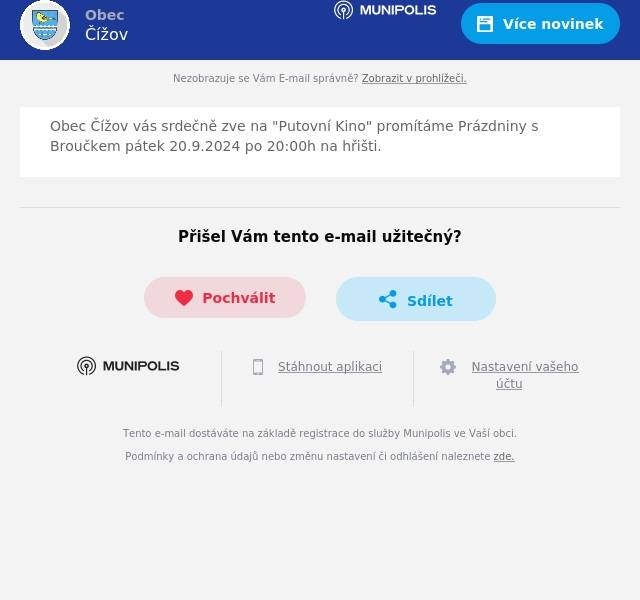 Obec Čížov vás srdečně zve na "Putovní Kino" promítáme Prázdniny s Broučkem pátek 20.9.2024 po 20:00h na hřišti.