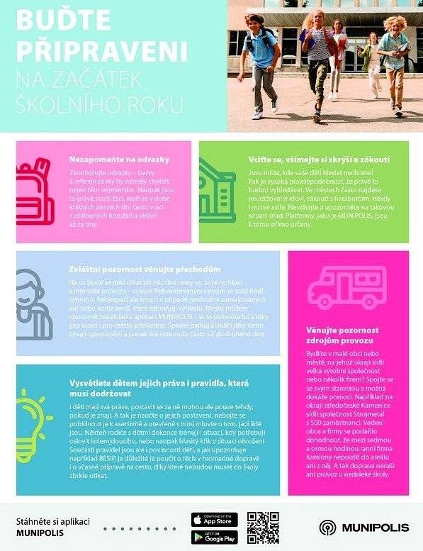 Začal školní rok a to znamená nejen pobyt dětí v lavicích, ale také větší provoz na silnicích, zastávkách či přechodech. Prosíme rodiče, aby věnovali pozornost zdrojům provozu, znovu vysvětlili dětem pravidla bezpečnosti a snažili se vcítit do chování dětí. Někdy pomůže zdánlivá maličkost, třeba odrazka na batohu nebo reflexní prvky na oblečení.