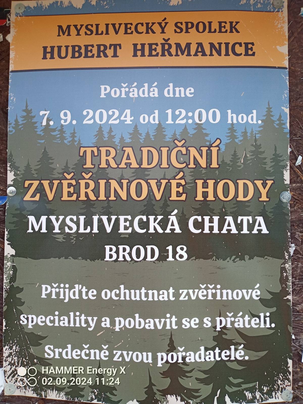 Myslivecký spolek Hubert srdečně zve občany na tradiční Zvěřinové hody, které se konají v sobotu 7.9.2024 od 12:00 hod. na Myslivecké chatě v Brodě čp. 18.
