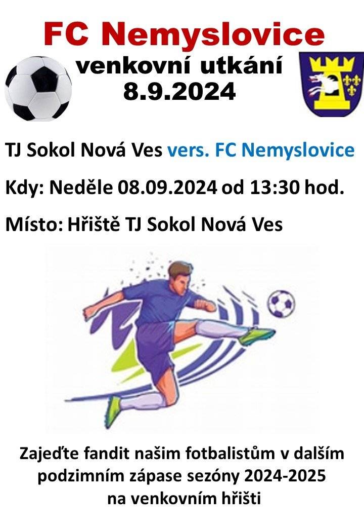 Zajeďte fandit naši fotbalistům v dalším venkovním zápase, tentokrát na hřišti TJ Sokol Nová Ves v neděli 8.9.2024 od 13:30 hod.