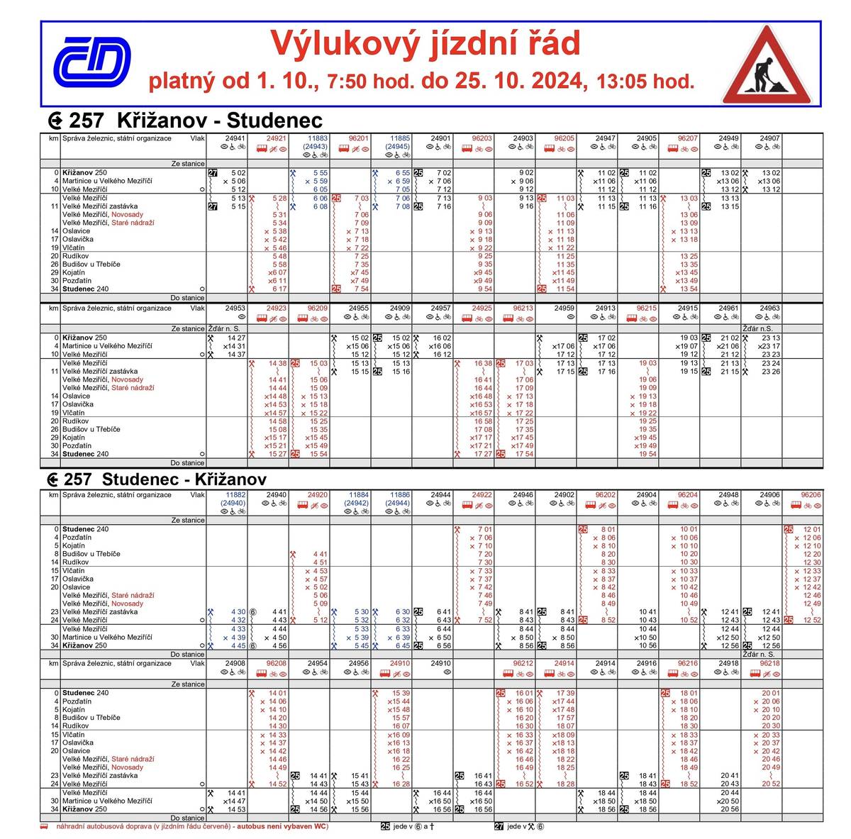 České dráhy informují, že na trati 257 Křížanov – Studenec bude probíhat od 1. 10. 2024 do 25. 10. 2024 výluka v provozu. 
Po dobu výluky budou všechny vlaky nahrazeny autobusy v úseku Studenec – Velké Meziříčí a opačně. Náhradní doprava bude organizována výhradně dle výlukového jízdního řádu.
Vlaky ve směru Křižanov odjíždějí z Velkého Meziříčí zastávky a stanice Velké Meziříčí v čase odjezdu dle pravidelného jízdního řádu bez přípoje od náhradní dopravy ze směru Studenec. Autobusy ve směru Studenec odjíždějí ze stanice Velké Meziříčí dříve proti pravidelnému jízdnímu řádu bez přípoje od vlaků ze směru Křižanov.
Zastávky náhradní autobusové dopravy: 
Velké Meziříčí – před staniční budovou 
Velké Meziříčí zastávka – autobusová zastávka "Velké Meziříčí, Novosady" a "Staré nádraží“ 
Oslavice – u železniční zastávky 
Oslavička – na autobusové zastávce "Oslavička, rozc. 1.0" 
Vlčatín – u železniční zastávky 
Rudíkov – na autobusové zastávce "Rudíkov, rozc. Hroznatín" 
Budišov u Třebíče – na autobusové zastávce "Budišov, Sv. Václav" 
Kojatín – u přejezdu u železniční zastávky 
Pozďatín – na autobusové zastávce "Pozďatín" 
Studenec – před staniční budovou