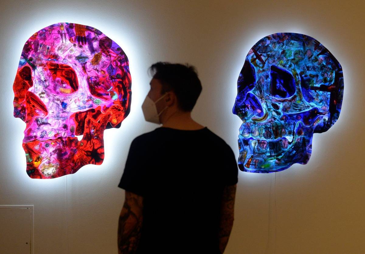 Na snímku z výstavy Vanitas v pražském Centru současného umění Dox je dílo Lebka od Davida Černého.