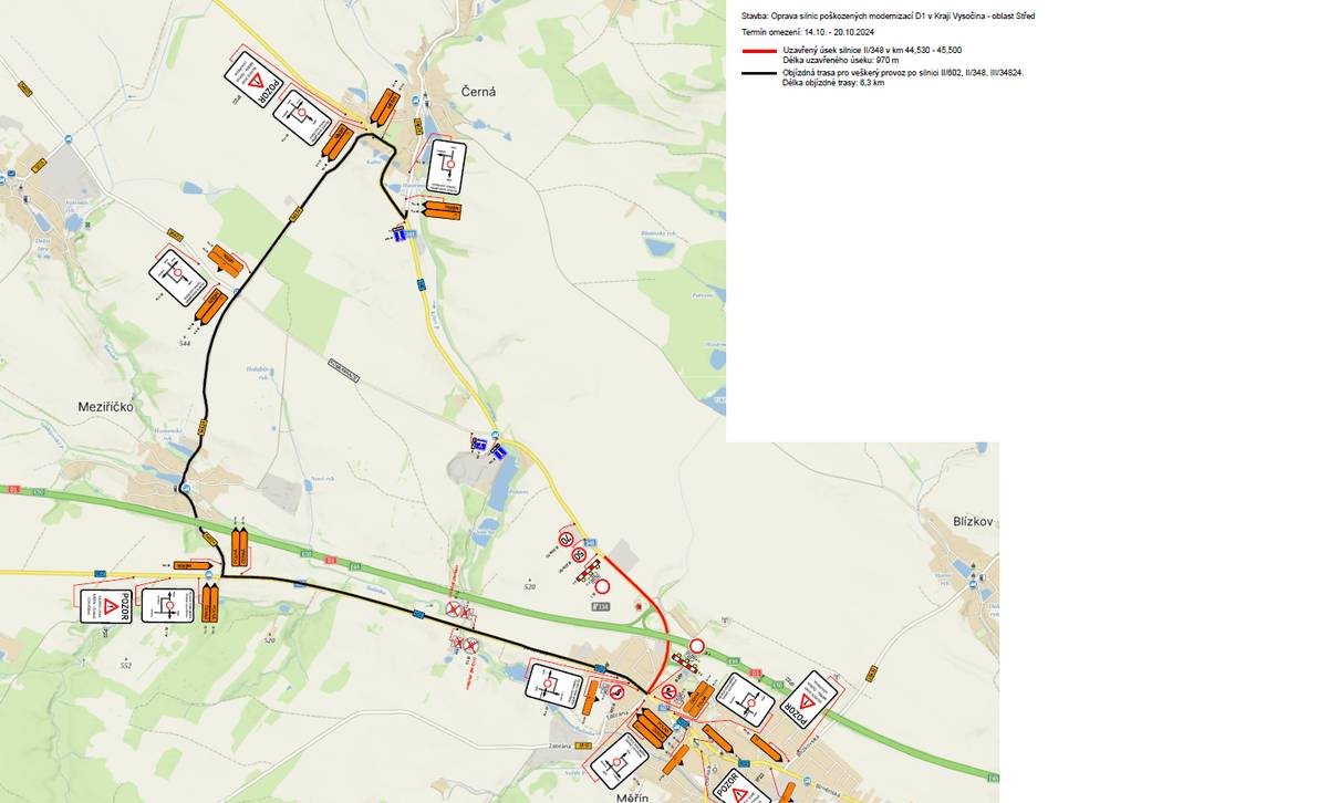 Z důvodu opravy povrchu komunikace bude zcela uzavřena silnice z Černé do Měřína v období od 14. 10. 2024 do 20. 10. 2024. Objízdná trasa povede přes Meziříčko. 64ce654d79c6489392842e101c28ae40.pdf