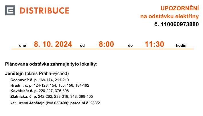 Odstávka se týká jen části ulic v Jenštejně.