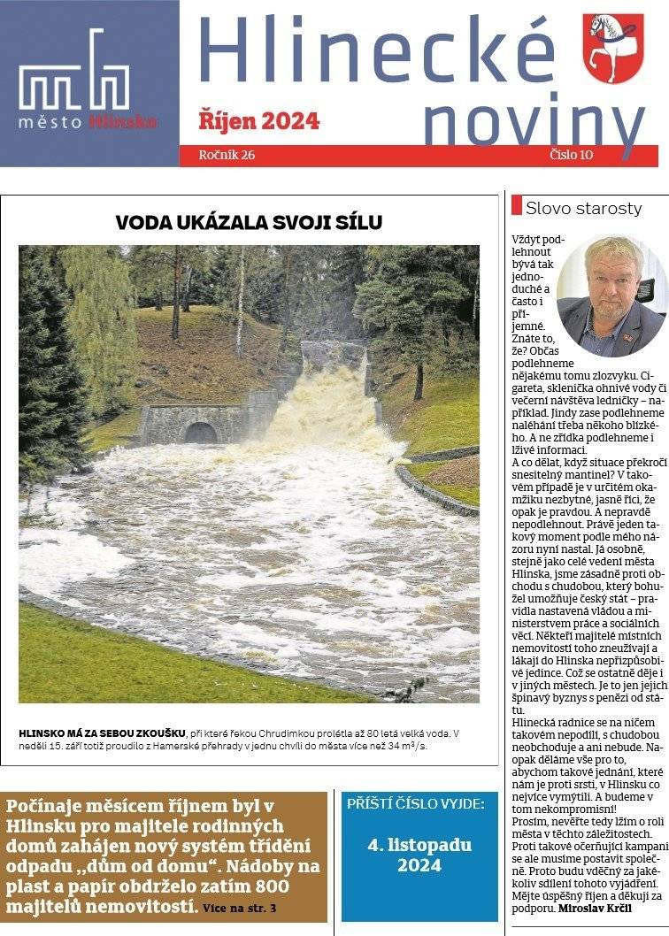 Dobrý den, zasíláme Vám říjnové vydání radničního měsíčníku Hlinecké noviny.
Říjnové vydání měsíčníku Hlinecké noviny