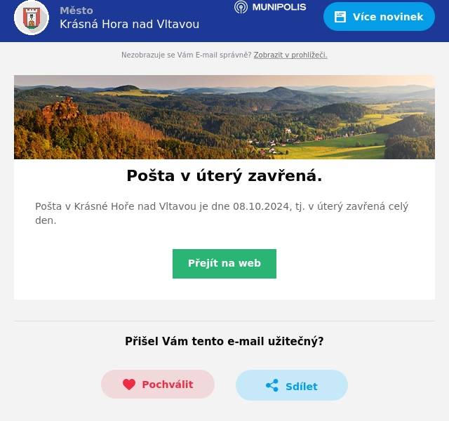 Pošta v Krásné Hoře nad Vltavou je dne 08.10.2024, tj. v úterý zavřená celý den.