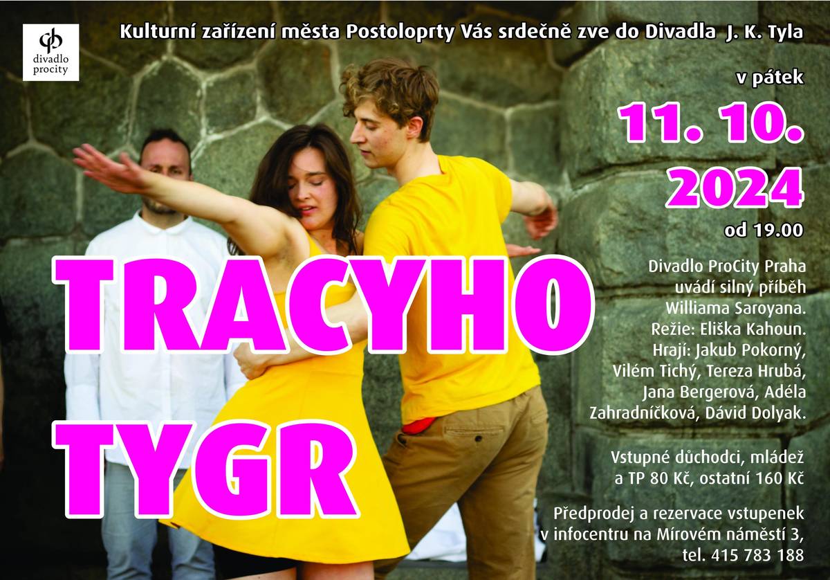 Přijďte do postoloprtského divadla na příběh Williama Saroyana v podání Divadla ProCity Praha.
V pátek 11. 10. 2024 od 19 hodin. Předprodej a rezervace vstupenek v infocentru na Mírovém náměstí 3. Telefon 415 783 188.