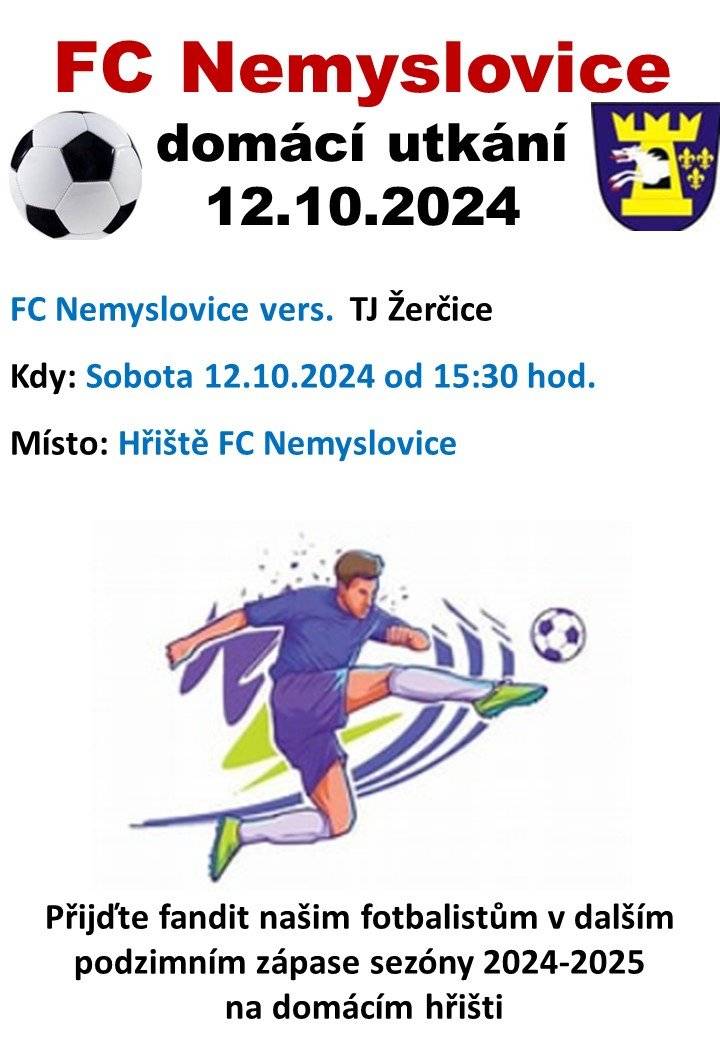 V sobotu dne 12.10.2024 sehraje od 15:30 hod domácí tým FC Nemyslovice další fotbalové utkání tentokráte s TJ Žerčice