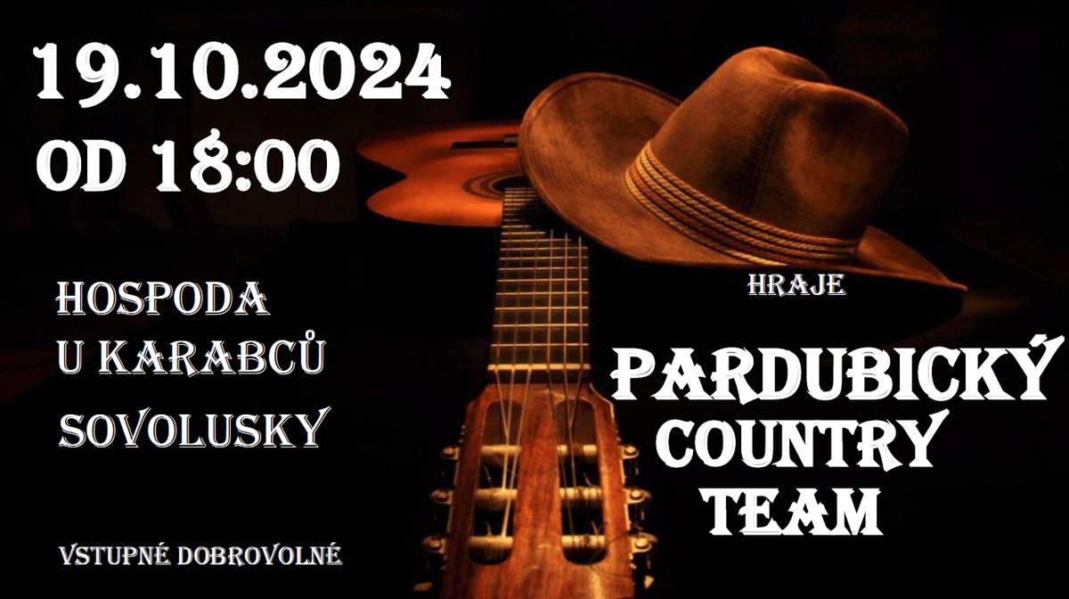 Obec Sovolusky Vás srdečně zve na Country podvečer.  
Country podvečer se uskuteční dne 19.10.2024 od 18:00 v hospůdce U Karabců.
K poslechu i tanci Vám zahraje hudební skupina PARDUBICKÝ COUNTRY TEAM.
Vstupné DOBROVOLNÉ!