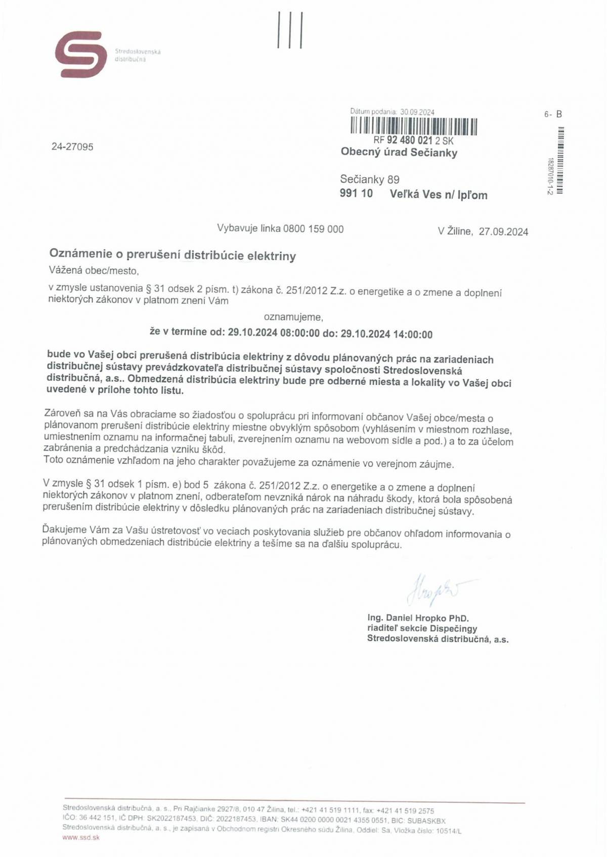 Oznámenie o prerušení distribúcie elektriny